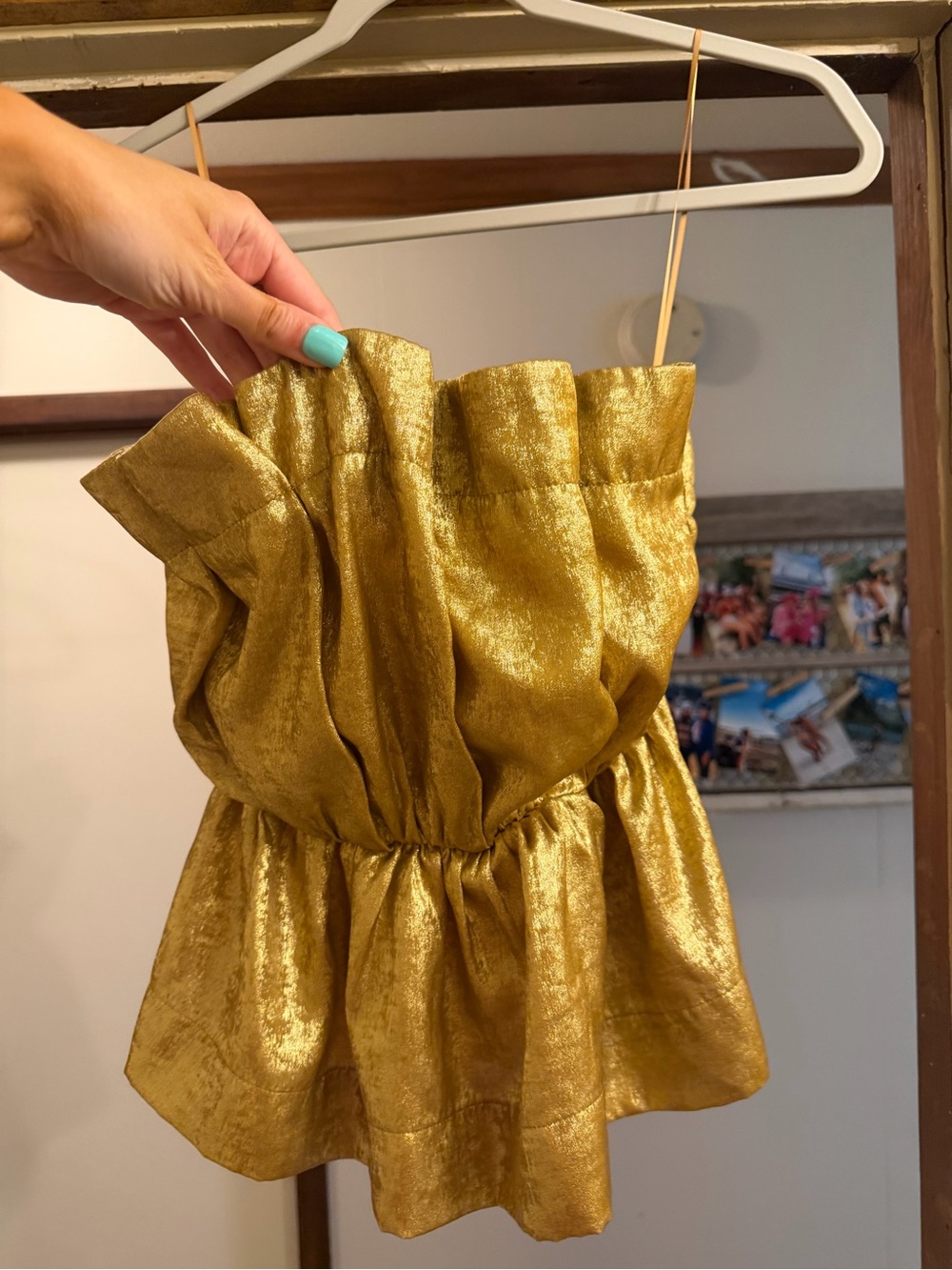 TCEC Metallic Gold Ruffle Strapless Peplum Top